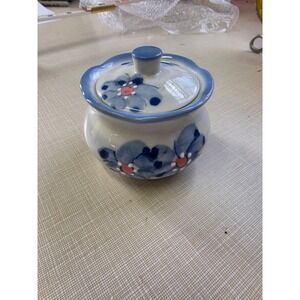 Vintage Ben Rickert Japan Blue Floral Ceramic Lidded Sugar Bowl Jam Jar
